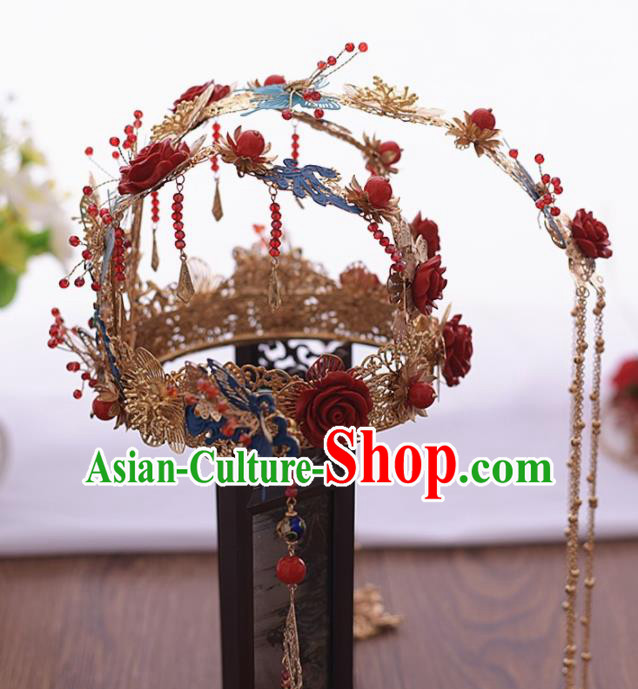 Chinese Ancient Bride Blue Butterfly Phoenix Coronet Tassel Hairpins Traditional Hanfu Wedding Hair Accessories for Women