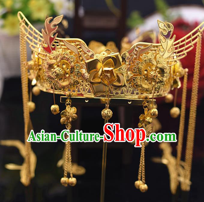 Chinese Ancient Bride Golden Flowers Phoenix Coronet Tassel Hairpins Traditional Hanfu Wedding Hair Accessories for Women