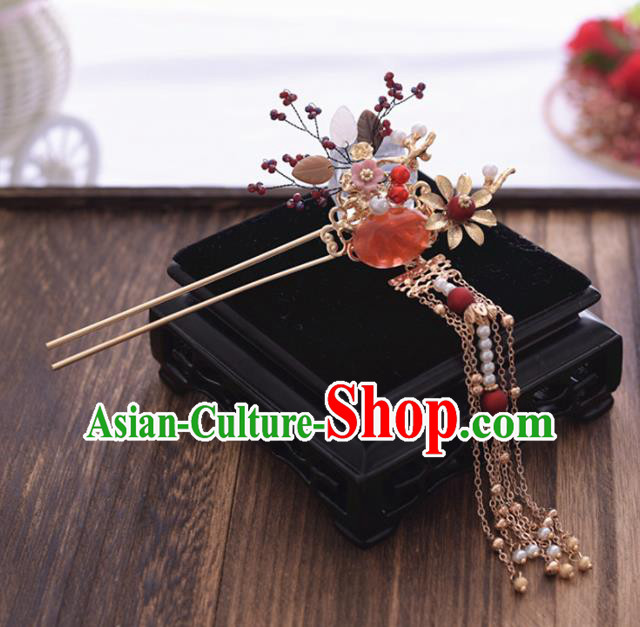 Chinese Ancient Bride Garnet Hair Clasp Tassel Hairpins Traditional Hanfu Wedding Hair Accessories for Women