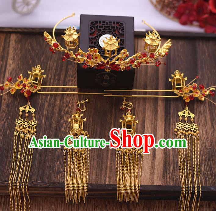Chinese Ancient Bride Hair Crown Tassel Hairpins Traditional Hanfu Wedding Hair Accessories for Women