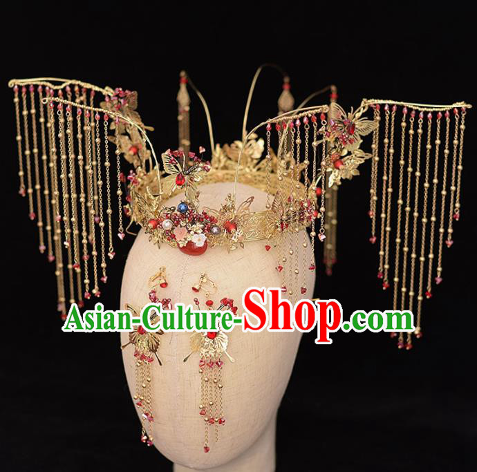 Chinese Ancient Bride Tassel Phoenix Coronet Hairpins Traditional Hanfu Wedding Hair Accessories for Women