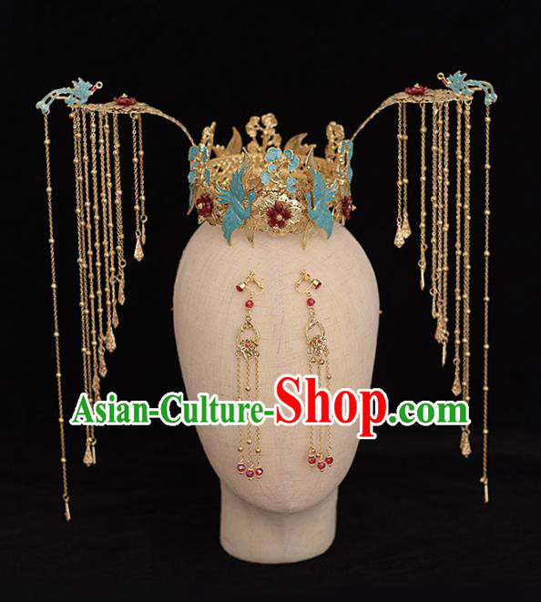 Chinese Ancient Bride Blue Cranes Tassel Phoenix Coronet Hairpins Traditional Hanfu Wedding Hair Accessories for Women