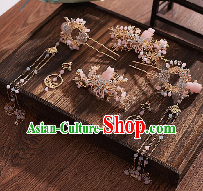 Chinese Ancient Bride Pink Stone Hair Comb Tassel Hairpins Traditional Hanfu Wedding Hair Accessories for Women