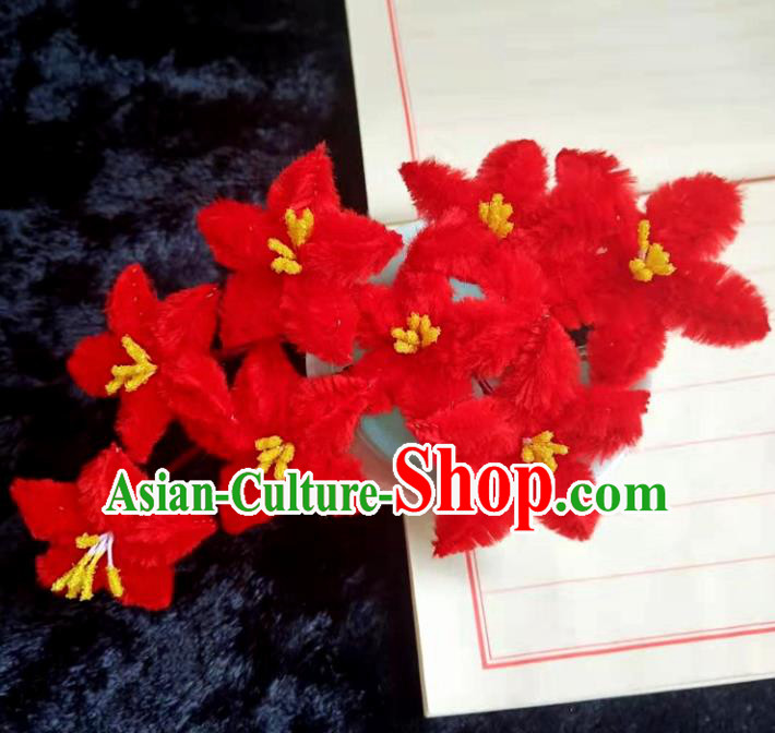 Chinese Ancient Red Velvet Flowers Hairpins Traditional Hanfu Handmade Hair Accessories for Women