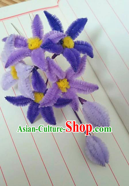 Chinese Ancient Court Purple Velvet Lily Flowers Hairpins Traditional Hanfu Handmade Hair Accessories for Women