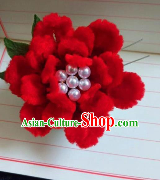 Chinese Ancient Court Red Velvet Peony Hairpins Traditional Hanfu Handmade Hair Accessories for Women
