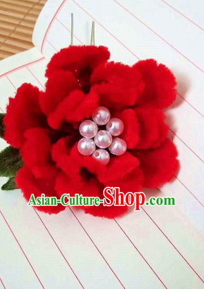 Chinese Ancient Court Red Velvet Peony Hairpins Traditional Hanfu Handmade Hair Accessories for Women