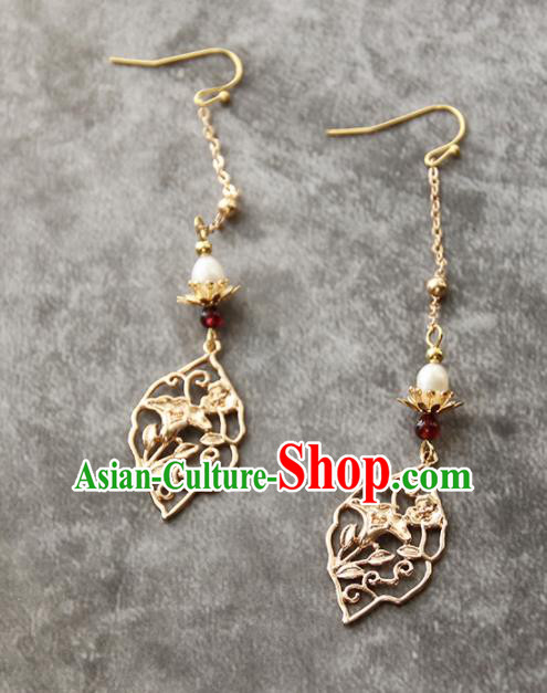 Chinese Ancient Court Golden Carving Earrings Traditional Princess Hanfu Wedding Ear Accessories for Women