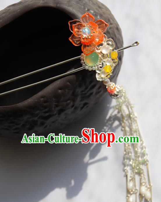 Chinese Ancient Princess Red Lotus Tassel Hairpins Traditional Handmade Hanfu Hair Accessories for Women