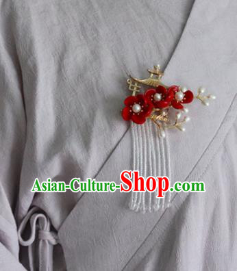 Chinese Ancient Court Red Flowers Tassel Brooch Traditional Princess Hanfu Breastpin Accessories for Women