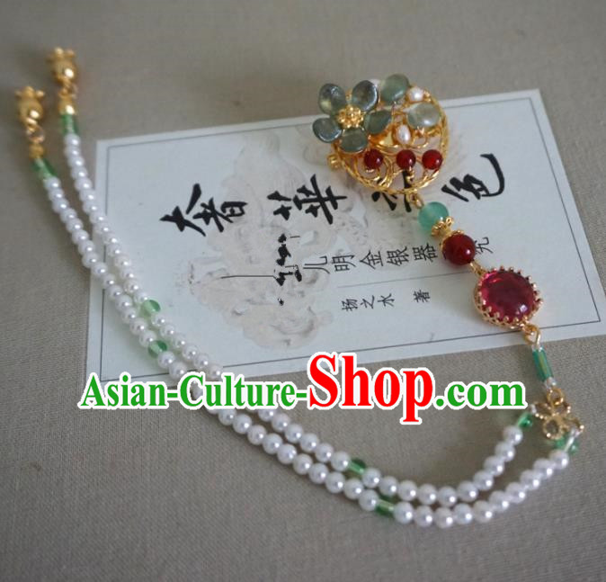 Chinese Ancient Court Pearls Tassel Brooch Traditional Princess Hanfu Breastpin Accessories for Women