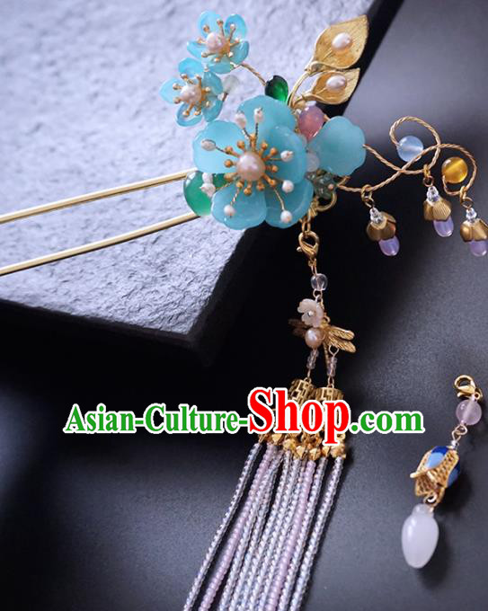 Chinese Ancient Princess Blue Plum Tassel Hairpins Traditional Handmade Hanfu Hair Accessories for Women