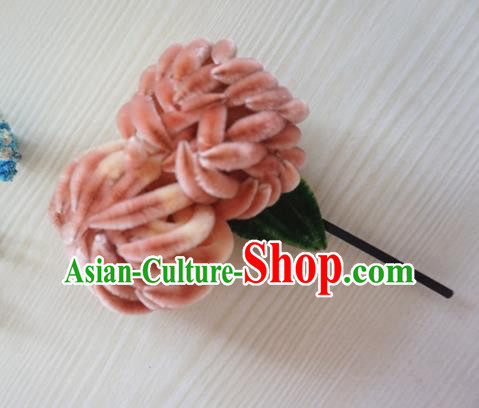 Ancient Chinese Qing Dynasty Pink Velvet Chrysanthemum Hairpins Traditional Hanfu Court Hair Accessories for Women
