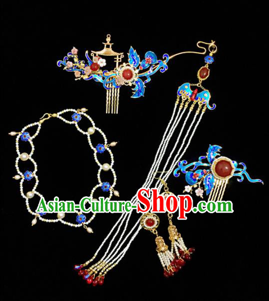 Chinese Ancient Princess Blueing Hair Comb Tassel Hairpins Traditional Handmade Hanfu Hair Accessories for Women