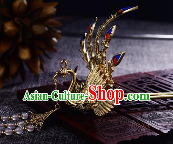 Chinese Ancient Princess Phoenix Tassel Hair Clip Golden Hairpins Traditional Handmade Hanfu Hair Accessories for Women