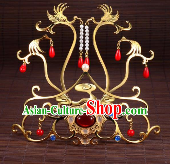 Chinese Ancient Princess Golden Crane Tassel Hair Crown Hairpins Traditional Handmade Hanfu Hair Accessories for Women