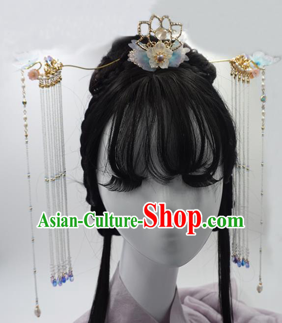 Chinese Ancient Princess Lotus Hair Crown Tassel Hairpins Traditional Handmade Hanfu Hair Accessories for Women