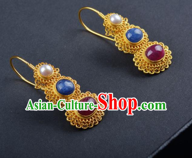 Chinese Ancient Court Golden Gem Earrings Traditional Princess Hanfu Wedding Ear Accessories for Women
