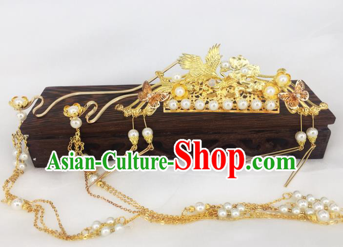Chinese Ancient Princess Golden Crane Tassel Hair Comb Hairpins Traditional Handmade Hanfu Hair Accessories for Women