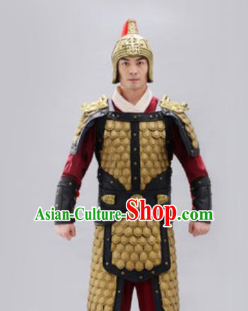 Traditional Chinese Ancient Drama General Costumes Chinese Qin Dynasty Warrior Helmet and Armour for Men