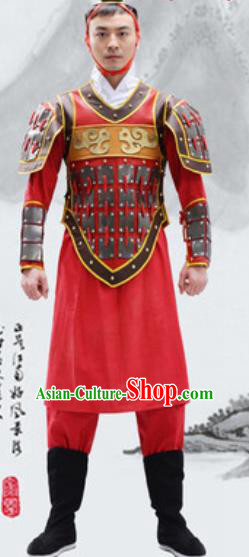 Traditional Chinese Qin Dynasty Warrior Red Helmet and Armour Ancient Drama General Costumes for Men