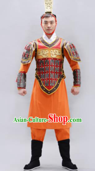 Traditional Chinese Qin Dynasty Warrior Orange Helmet and Armour Ancient Drama General Costumes for Men