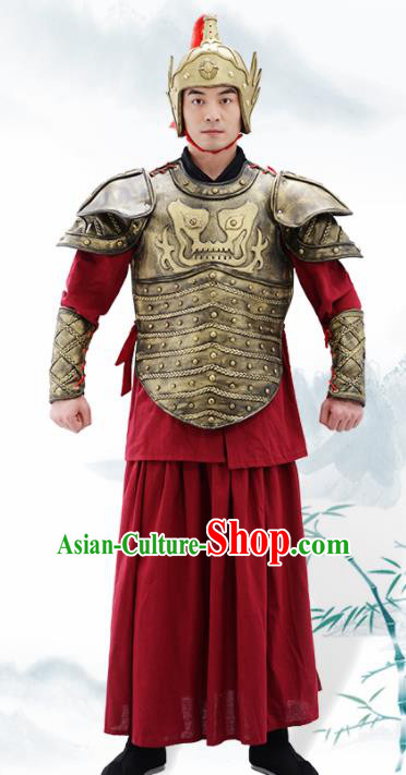 Traditional Chinese Ming Dynasty Warrior Helmet and Armour Ancient Drama General Costumes for Men