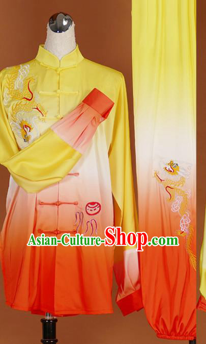 Chinese Traditional Martial Arts Competition Embroidered Dragon Orange Costume Kung Fu Tai Chi Training Clothing for Men