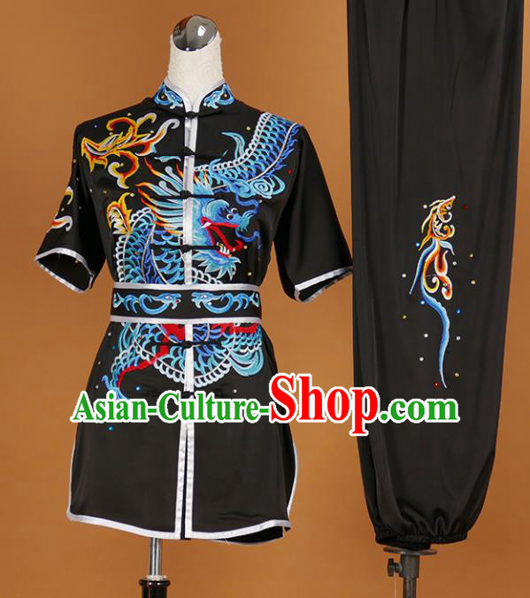 Chinese Traditional Martial Arts Competition Embroidered Dragon Black Costume Kung Fu Tai Chi Training Clothing for Men