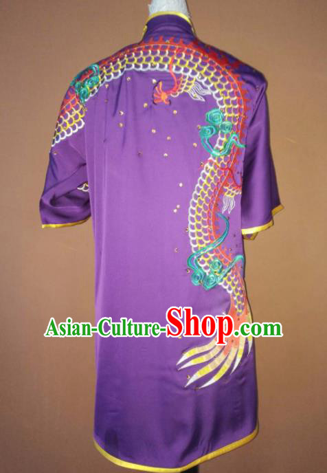 Best Martial Arts Competition Embroidered Dragon Purple Costume Chinese Traditional Kung Fu Tai Chi Training Clothing for Men