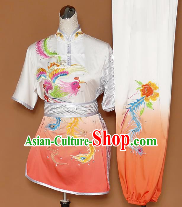 Chinese Traditional Best Martial Arts Embroidered Phoenix Peony Orange Costume Kung Fu Competition Tai Chi Clothing for Women