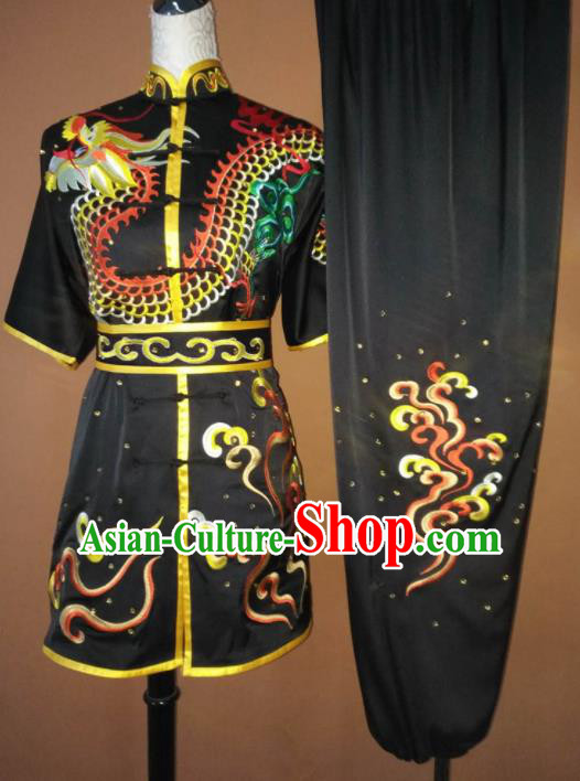 Best Martial Arts Competition Embroidered Dragon Black Costume Chinese Traditional Kung Fu Tai Chi Training Clothing for Men