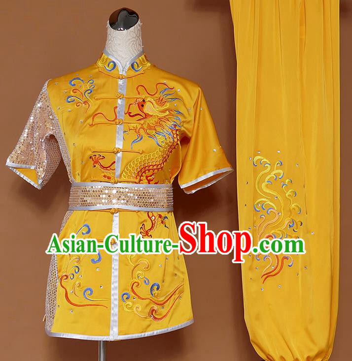 Best Martial Arts Competition Embroidered Dragon Yellow Uniforms Chinese Traditional Kung Fu Tai Chi Training Costume for Men