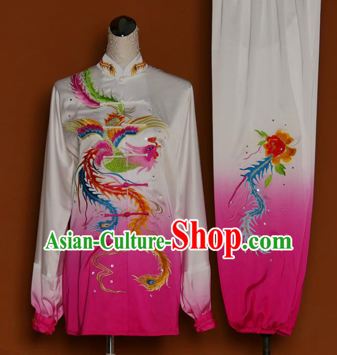 Chinese Traditional Best Martial Arts Embroidered Phoenix Peony Rosy Costume Kung Fu Competition Tai Chi Clothing for Women