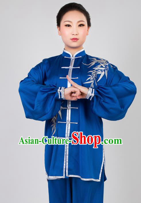 Chinese Traditional Martial Arts Embroidered Bamboo Blue Costume Best Kung Fu Competition Tai Chi Training Clothing for Women