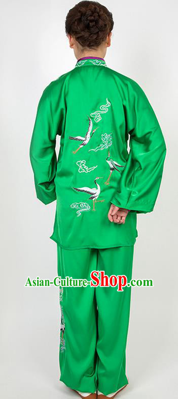 Chinese Traditional Martial Arts Embroidered Crane Green Costume Best Kung Fu Competition Tai Chi Training Clothing for Women