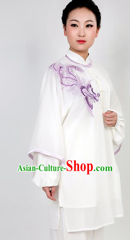 Chinese Traditional Martial Arts Embroidered Phoenix White Costume Best Kung Fu Competition Tai Chi Training Clothing for Women