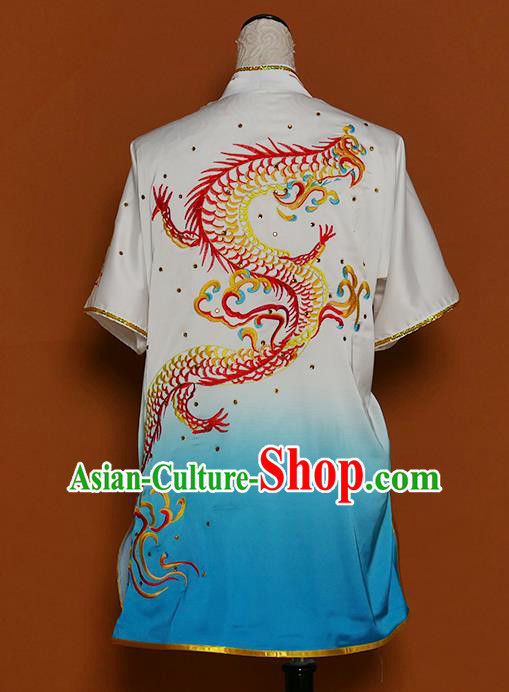 Chinese Martial Arts Competition Embroidered Dragon Blue Uniforms Traditional Kung Fu Tai Chi Training Costume for Men