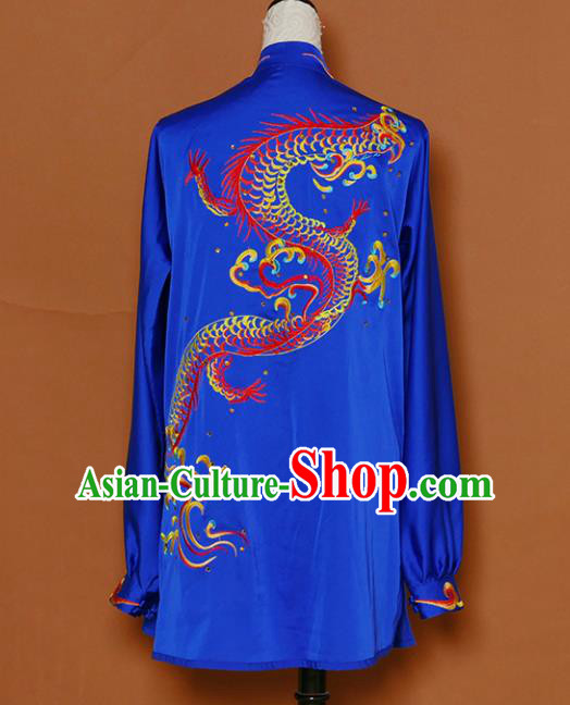 Chinese Martial Arts Competition Embroidered Dragon Royalblue Uniforms Traditional Kung Fu Tai Chi Training Costume for Men