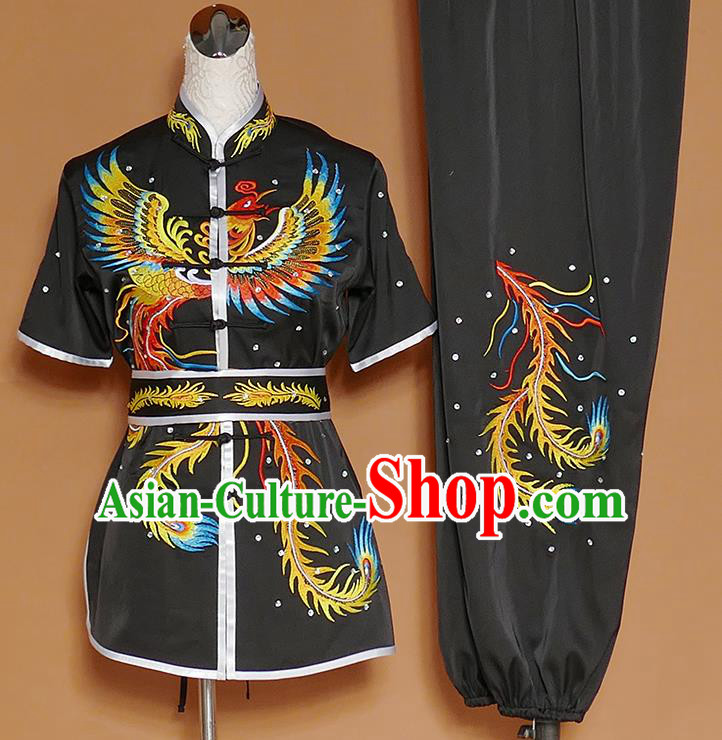 Chinese Professional Martial Arts Embroidered Phoenix Black Costume Traditional Kung Fu Competition Tai Chi Clothing for Women