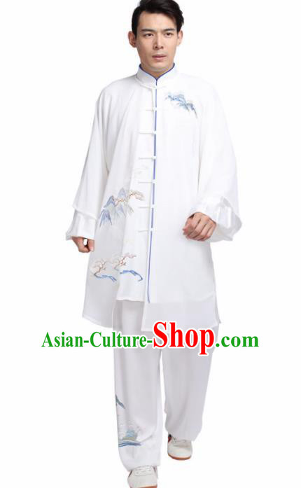 Chinese Martial Arts Competition Embroidered White Uniforms Traditional Kung Fu Tai Chi Training Costume for Men