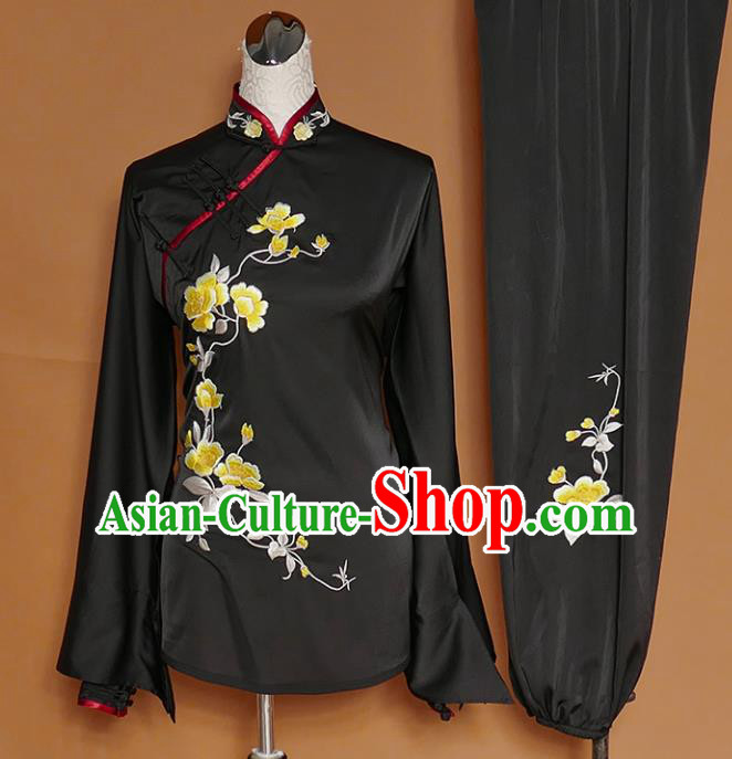 Chinese Traditional Best Martial Arts Embroidered Peony Black Costume Kung Fu Competition Tai Chi Clothing for Women