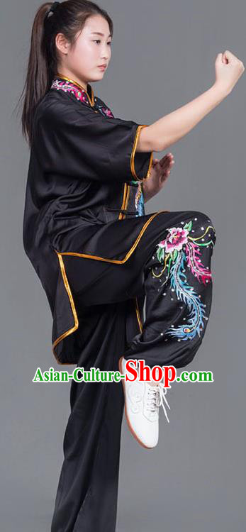 Chinese Martial Arts Competition Embroidered Phoenix Black Uniforms Traditional Kung Fu Tai Chi Training Costume for Men