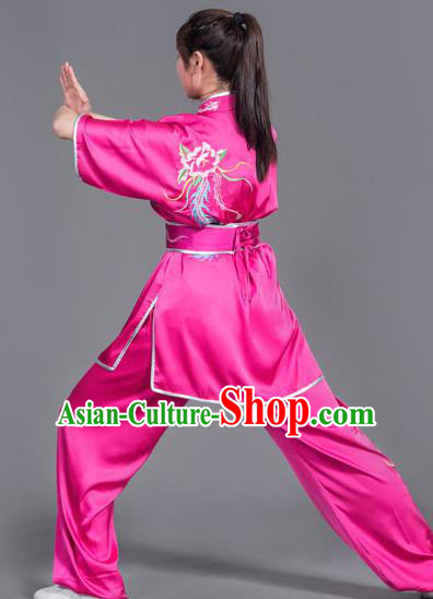 Chinese Martial Arts Competition Embroidered Phoenix Rosy Uniforms Traditional Kung Fu Tai Chi Training Costume for Men