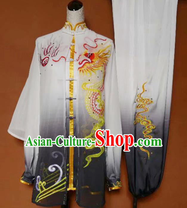 Best Martial Arts Competition Embroidered Dragon Grey Uniforms Chinese Traditional Kung Fu Tai Chi Training Costume for Men