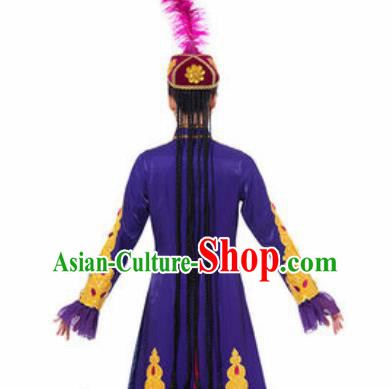Traditional Chinese Uyghur Nationality Ethnic Costume Uigurian Minority Dance Purple Dress for Women