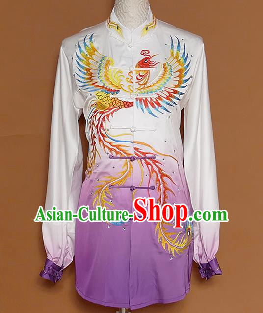 Chinese Traditional Best Martial Arts Embroidered Phoenix Purple Costume Kung Fu Competition Tai Chi Clothing for Women