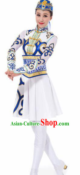 Traditional Chinese Mongol Nationality Ethnic Costume Mongolian Minority Dance White Dress for Women