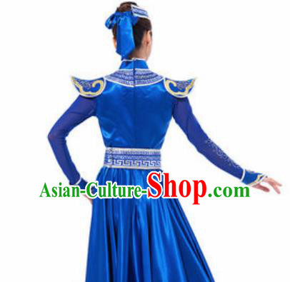 Traditional Chinese Mongol Ethnic Costume Mongolian Nationality Minority Dance Royalblue Dress for Women