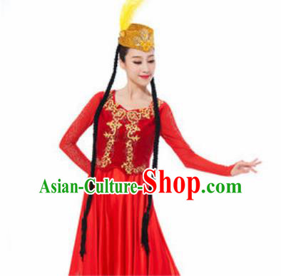 Traditional Chinese Uyghur Ethnic Costume Uyghurian Nationality Minority Dance Red Dress for Women